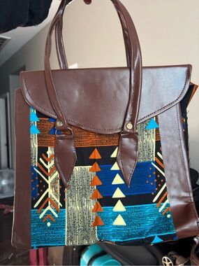 Brown Leather-Trim Tote with Blue & Orange Geometric Print